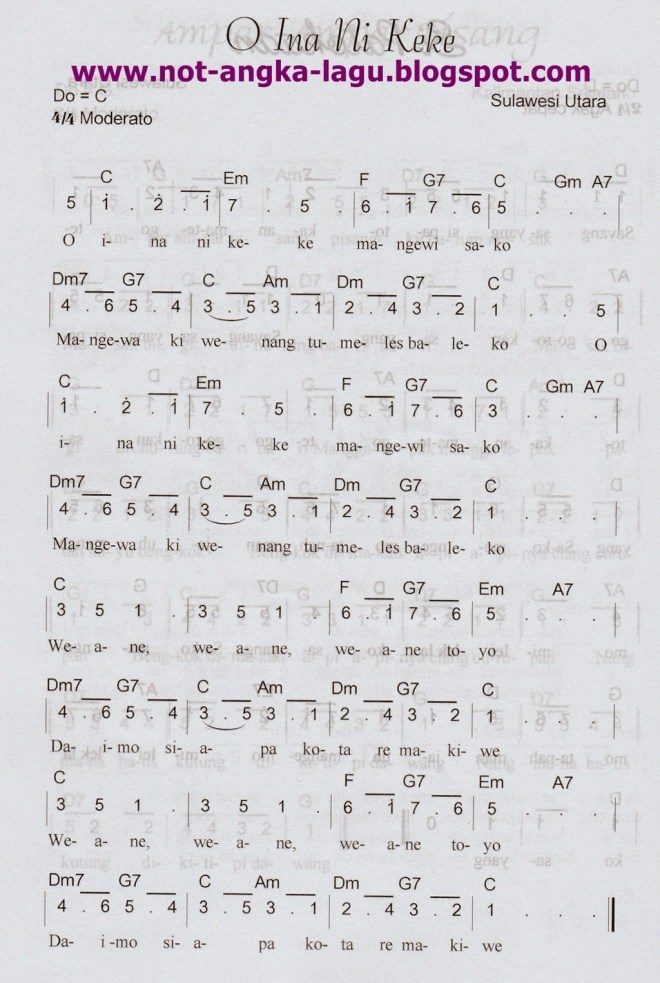 O ina ni keke ini mempunyai makna yang menceritakan kasi sayang dan cita tak terbatas dari orang tua kepada anaknya. Not Angka O Ina Ni Keke - Kumpulan Not Angka Lagu